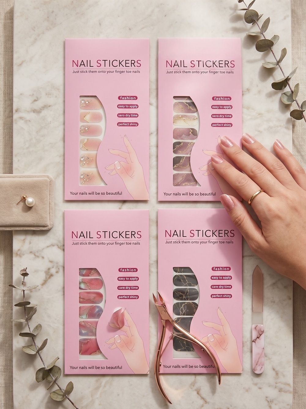 Nail Stickers Pink Marble & Neutral Press-On Nail Wraps